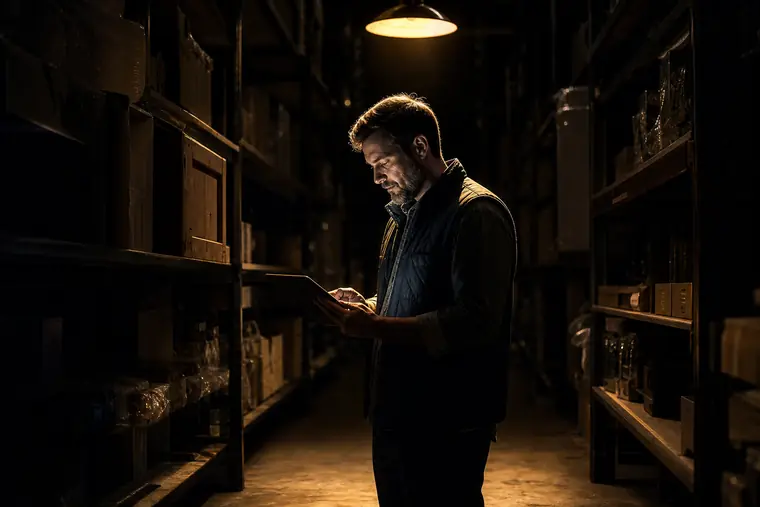 A shop owner checking stock on a tablet between warehouse racks
