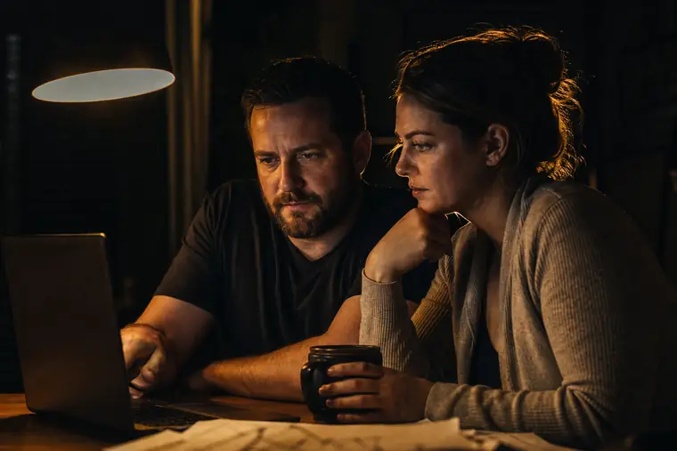 A couple reviewing their business numbers on a laptop at the kitchen table